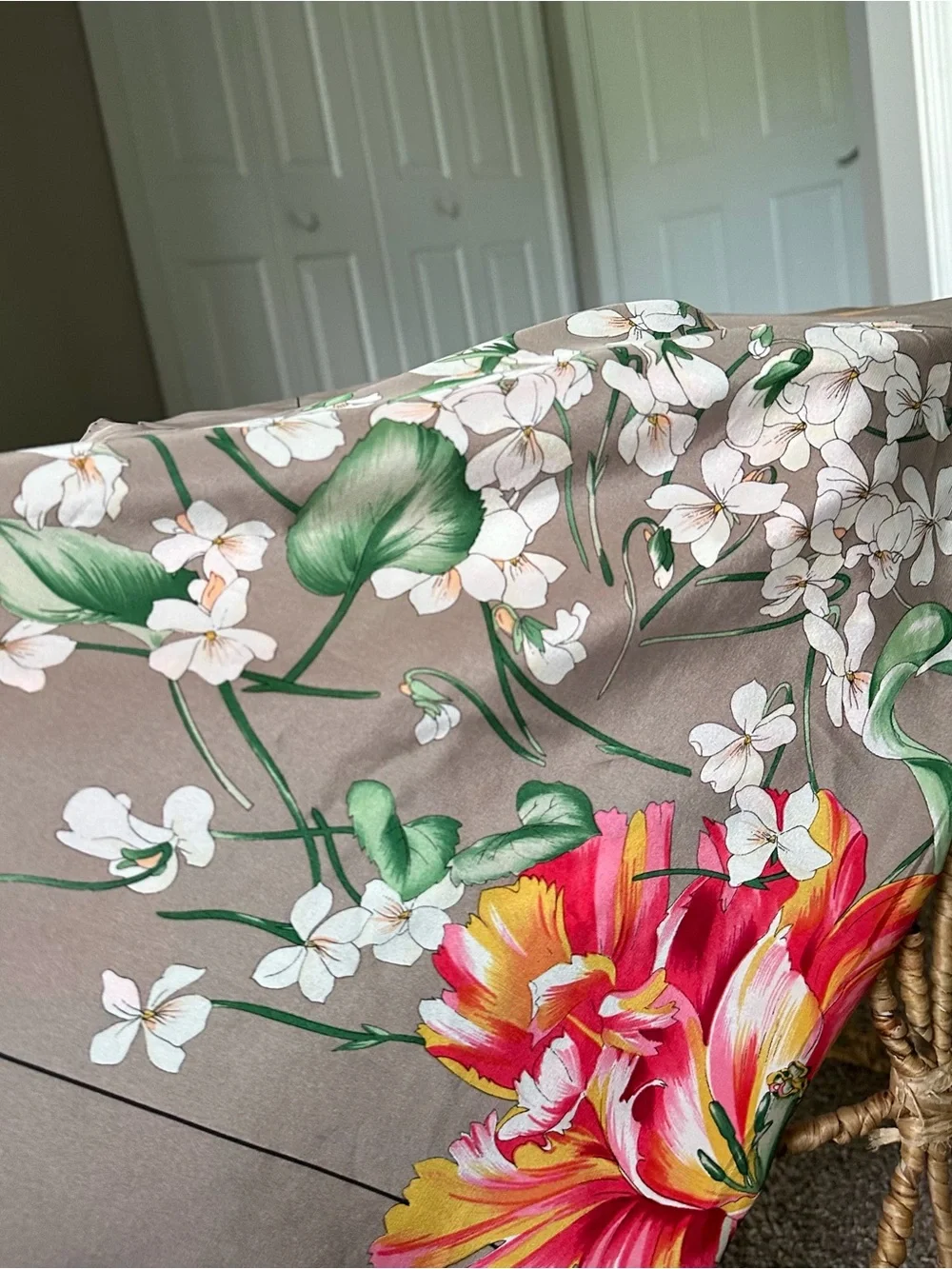Floral 100% Silk Scarf in Taupe with Red & Peach Blooms Tulip Italian